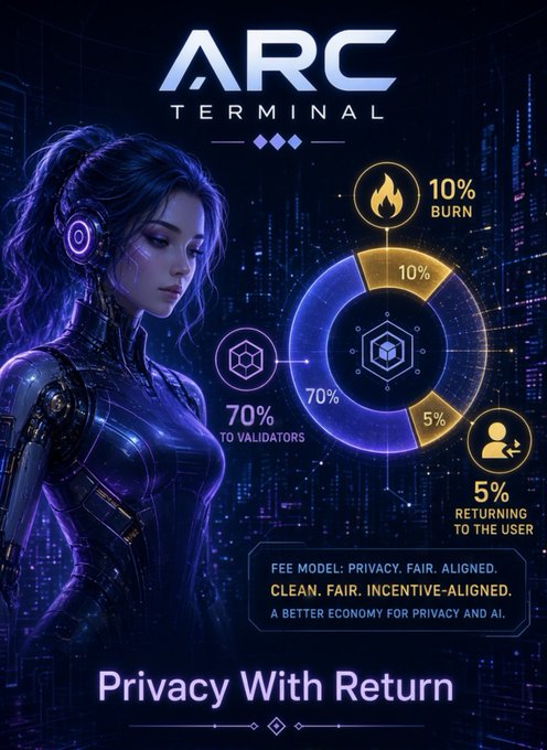 A promotional infographic for 'ARC TERMINAL' titled 'Privacy With Return,' showing a fee model breakdown: 10% Burn, 70% to Validators, 5% Returning to the User, alongside a futuristic female android with purple headphones.