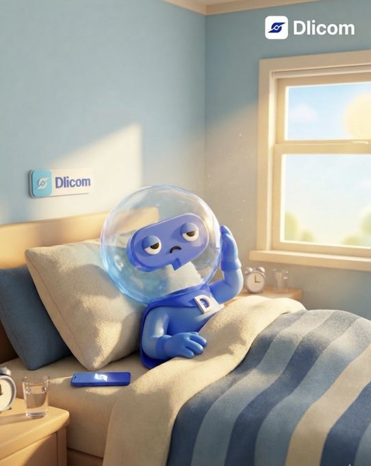 The image features a cartoon character, possibly a blue robot or a blue alien, sitting on top of an unmade bed with a pillow. The character appears to be in a state of confusion or distress as they look up at something above them. There is also a cell phone and a glass of water placed near the character's feet.

The image has been shared on social media platforms, possibly for promoting a new app called "Dlicom". The post includes text that reads: "Good Morning Dlicom Family! @DlicomApp Wishing everyone a productive and successful day ahead. Stay active, keep building, and let's grow together in the Web3 SocialFi revolution!"