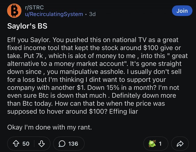 A Reddit post in r/STRC titled "Saylor's BS" criticizes Michael Saylor's $STRC product, with the author complaining about losing money after investing 7k, noting it's down 15% in a month, and calling Saylor an "effing liar" for promoting it on national TV as a stable alternative to a money market account. The post relates to the accompanying commentary about Saylor's $MSTR facing its "wreckening," highlighting investor frustration with another Saylor financial product underperforming expectations.