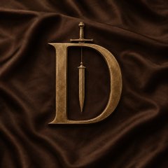 A metallic gold letter 'D' emblem with a sword integrated into its design, set against a dark brown satin-like fabric background.
