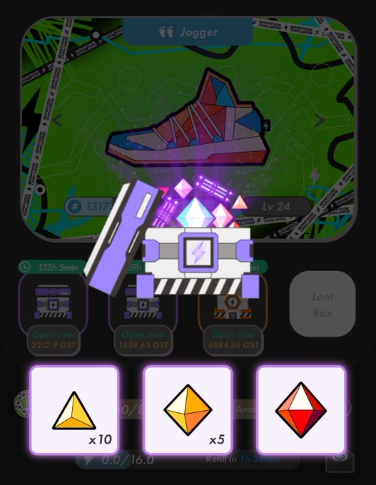 A mobile game screenshot showing a sneaker NFT called 'Jogger' at Level 24, with loot boxes that can be opened for GST (2212.9, 1559.65, 4884.58) and energy/shard reward options below.