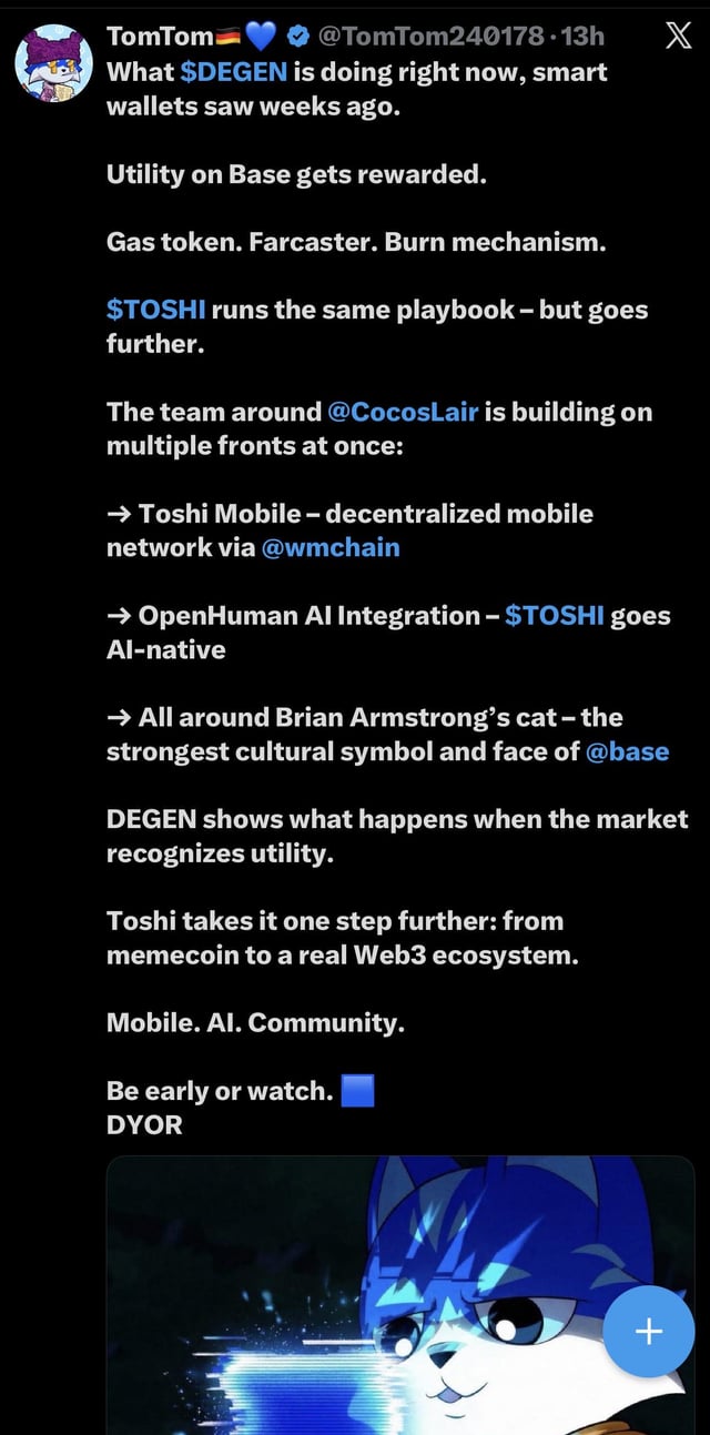 The image shows a Twitter post with a blue cat wearing a hat, which has been retweeted by Tom Tom. The caption of the post reads "Good Post on X!". The post seems to be about a recent tweet from Tom Tom, who is known for his interest in cryptocurrency and blockchain technology.