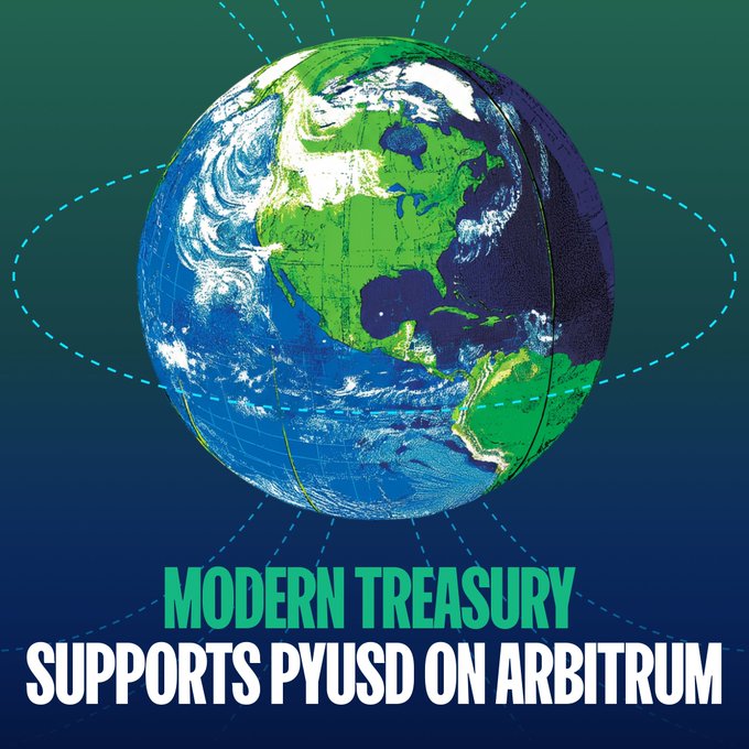 A digital rendering of Earth viewed from space, surrounded by dashed orbital lines, sits above bold text reading "MODERN TREASURY SUPPORTS PYUSD ON ARBITRUM." The image visually reinforces the post's announcement that Modern Treasury's API—having processed $600B in payments—now supports PYUSD stablecoin operations on the Arbitrum One blockchain, symbolizing the global, cross-border reach of unified fiat and crypto payment rails.