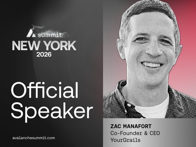 A promotional graphic for the Avalanche Summit New York 2026 announces 'Official Speaker Zac Manafort, Co-Founder & CEO YourGrails' alongside his photo.