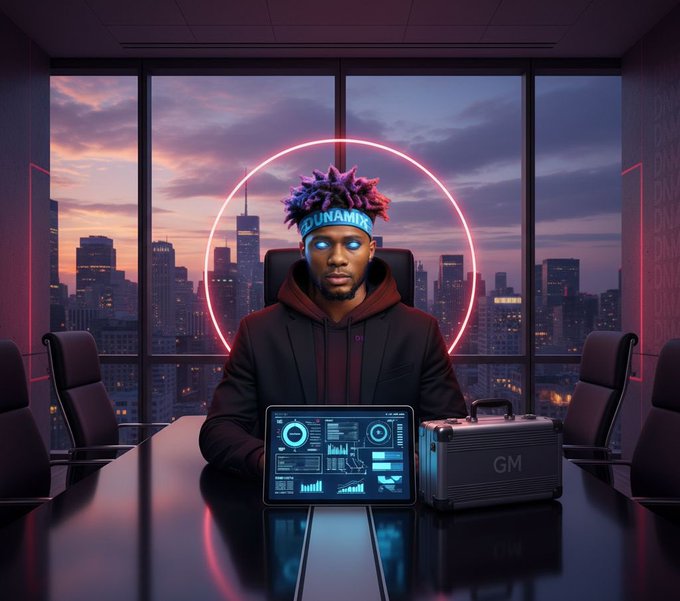 A digital artwork showing a man wearing a headband labeled "UNAMIX" sitting at a conference table with a neon pink circle behind him and a city skyline at dusk in the background; a laptop and a case marked "GM" are on the table in front of him.