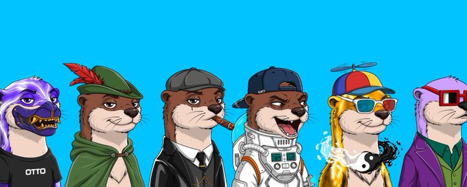 A row of cartoon NFT-style animal characters (otters, a cheetah in sunglasses, and a llama in 3D glasses) displayed against a bright cyan background.