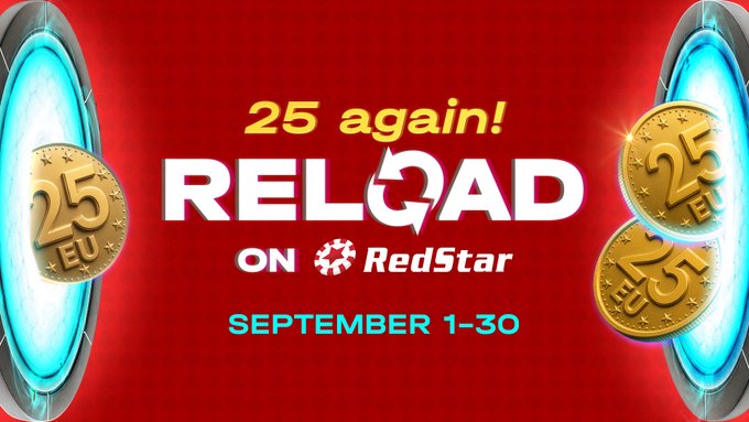 Red promotional banner for 'RELOAD ON RedStar' offering a '25 again!' promotion of 25 EU coins, valid September 1-30.