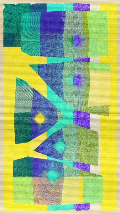An abstract mixed-media artwork with vibrant yellow, green, purple, and teal geometric shapes and textures.