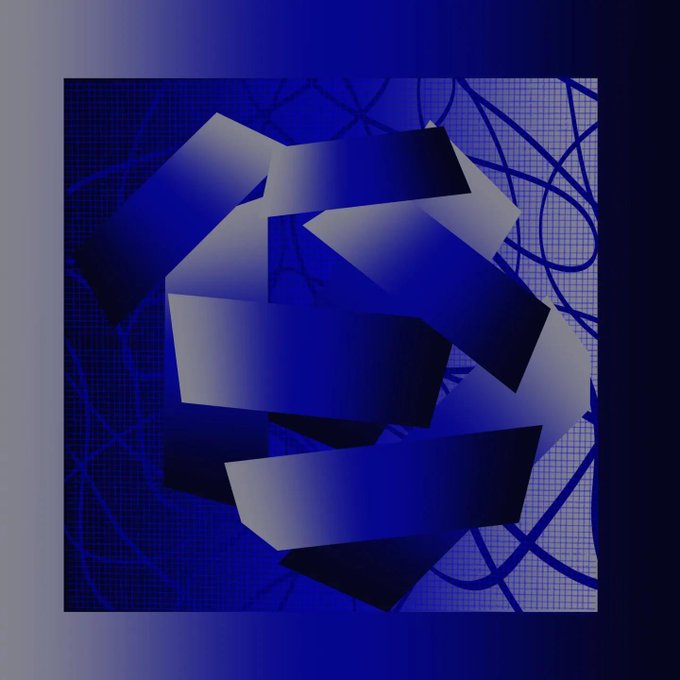 An abstract digital artwork featuring geometric shapes in blue tones with curved line patterns on a grid background.