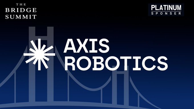 A dark blue sponsor slide for 'AXIS ROBOTICS' as the PLATINUM SPONSER of 'THE BRIDGE SUMMIT', featuring a stylized bridge graphic.