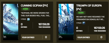 Two achievements displayed on a gaming interface read 'CUNNING SCIPIAN [PV]' and 'TRIUMPH OF EUROPA [PV]', both dated '18/7/59/26 TIME REMAINING'.