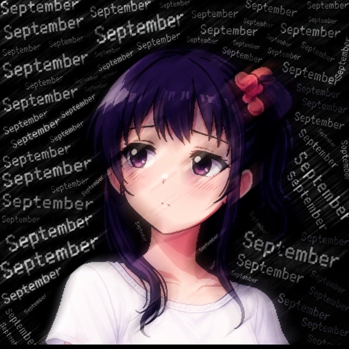 An anime-style portrait of a girl with dark purple hair and purple eyes against a black background overlaid with the word 'September' repeated multiple times in a glitchy, pixelated font.
