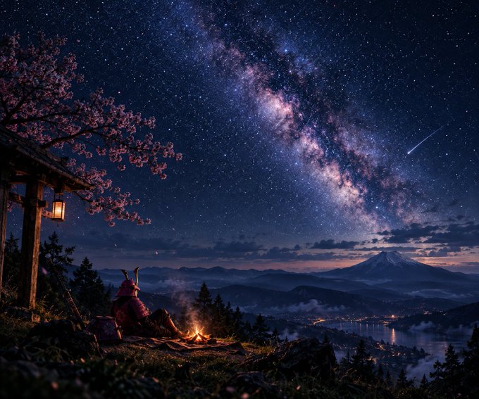 A breathtaking fantasy landscape shows a person in a horned headdress sitting by a campfire under a cherry blossom tree, with a spectacular view of the Milky Way, a shooting star, and mountains in the distance.