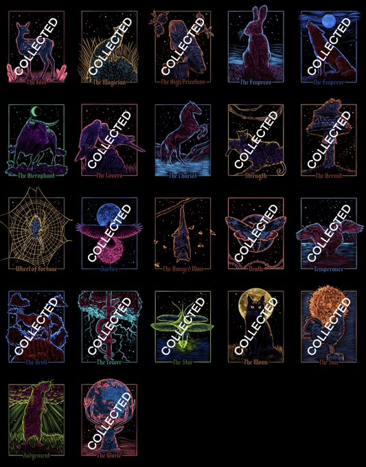 A grid of tarot cards from "The Wild Unknown" deck, most marked with "COLLECTED," including The Fool, The Magician, The High Priestess, The Empress, The Emperor, The Hierophant, The Lovers, The Chariot, Strength, The Hermit, Wheel of Fortune, Justice, The Hanged Man, Death, Temperance, The Devil, The Tower, The Star, The Moon, The Sun, Judgement, and The World.