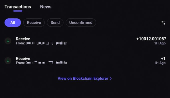 A cryptocurrency wallet interface showing a 'Transactions' tab with two 'Receive' entries, one for '+10012.001067' and another for '+1', both from 1 hour ago, with sender addresses partially blurred.