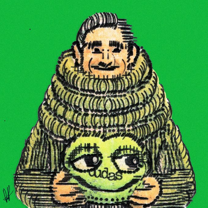 A stylized illustration of a person wearing a heavy knit turtleneck sweater against a bright green background, holding a green mask with the word "dudas" written on it.