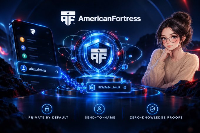 An advertisement for "AmericanFortress" features a woman in glasses alongside a phone interface, with features labeled "PRIVATE BY DEFAULT," "SEND-TO-NAME," and "ZERO-KNOWLEDGE PROOFS," plus an address "alex.rivera."