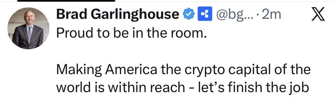 A tweet from Brad Garlinghouse (@bg...) declaring "Proud to be in the room. Making America the crypto capital of the world is within reach - let's finish the job," aligning with Ripple's push for crypto-friendly legislation ahead of the Clarity Act vote in 12 days.