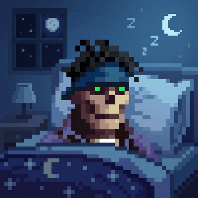 Pixel art showing a person with green eyes lying in bed at night under a blanket, with 'Z's floating above their head and a moon visible through the window.
