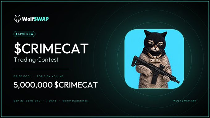 A WolfSwap promotional graphic for a $CRIMECAT Trading Contest running from Sep 23 for 7 days, featuring a prize pool of 5,000,000 $CRIMECAT and an image of a cat in a 'CRIME' shirt holding a rifle.