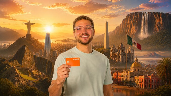A smiling man holds an orange 'cashi' card in front of a fantasy landscape featuring the Christ the Redeemer statue, a rocket, Mexican landmarks, and a Mexican flag.