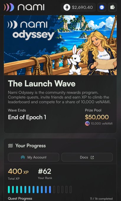 A screenshot of the Nami Odyssey app displaying 'The Launch Wave' campaign with a prize pool of $50,000 and the user's rank at #62.