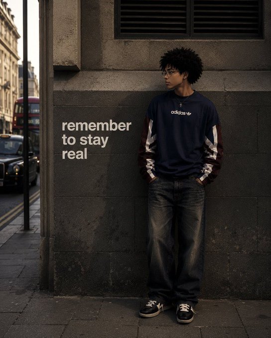 A young man in a navy Adidas sweatshirt and loose jeans leans against a stone wall on a city street, with the text 'remember to stay real' overlaid beside him.