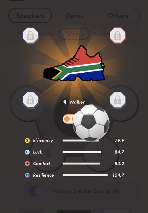 Mobile game interface showing a sneaker NFT with South African flag colors labeled 'Walker', displaying stats: Efficiency 79.9, Luck 84.7, Comfort 83.2, and Resilience 104.7, with a soccer ball icon.