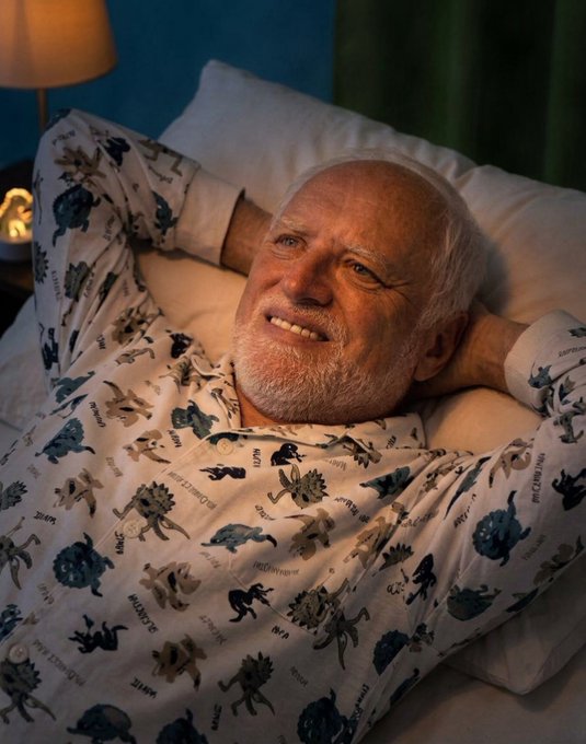 A peaceful-looking elderly man with white hair and beard lies in bed smiling, wearing dinosaur-print pajamas with labels like "VELOCIRAPTOR," "STEGOSAURUS," "TRICERATOPS," "PTERODACTYL," and "TYRANNOSAURUS." The caption humorously depicts the blissful serenity before the pain of a rollercoaster investment return, ending at zero—just like how someone's carefree smile can precede financial disaster.