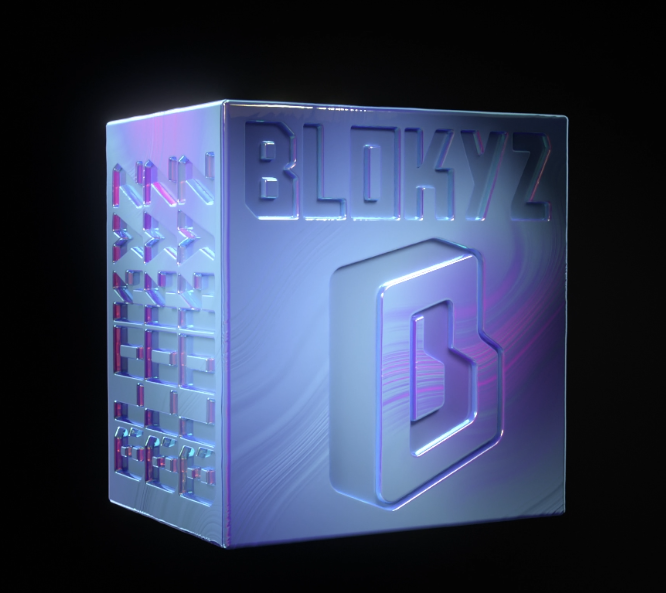 3D render of a metallic blue/purple cube featuring 'BLOKYZ' text and a stylized 'B' logo on its faces, set against a black background.