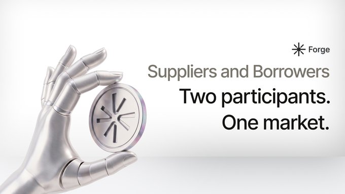 A silver robotic hand holds a coin stamped with Forge's asterisk logo beside the text "Suppliers and Borrowers — Two participants. One market." The image visually reinforces Forge's dual-sided market structure, where suppliers provide $TAO liquidity to earn yield and borrowers deposit Alpha collateral to access it.