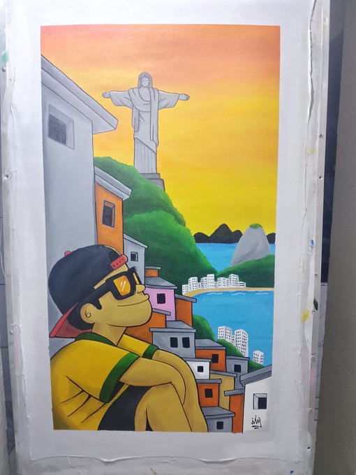 A colorful painting shows a young person in a backwards cap and sunglasses smiling in the foreground, with the Christ the Redeemer statue overlooking Rio de Janeiro in the background at sunset.