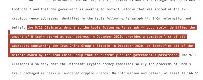 A screenshot of a legal document containing a highlighted passage that reads: 'the 9/11 Claimants deny that the table following Paragraph 44 accurately identifies the amount of Bitcoin stored at each address in December 2020...'