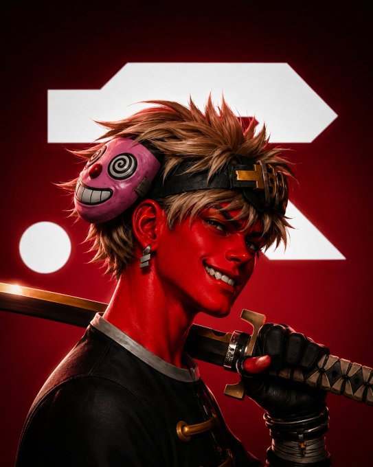 A stylized anime-style illustration of a red-skinned character with spiky blonde hair, a headband, and a pink grinning mask on their head, holding a sword against a red background with a large white logo.