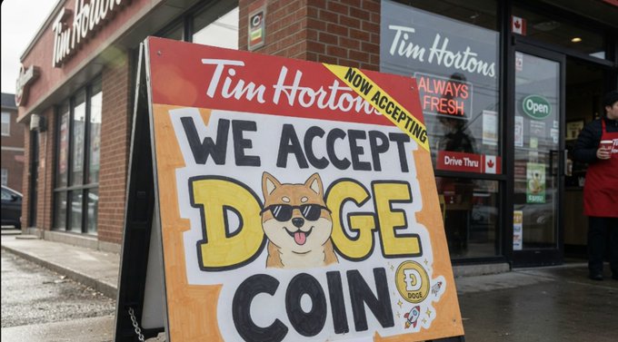 The image features a sign for Tim Hortons, a coffee shop located outside of their store. The sign displays an advertisement for a new game called "DOGE Coin" with a cartoon dog wearing sunglasses. The text on the sign reads "We Accept DOGE Coin". A person is standing next to the sign in front of the coffee shop, and there are two cars parked nearby.