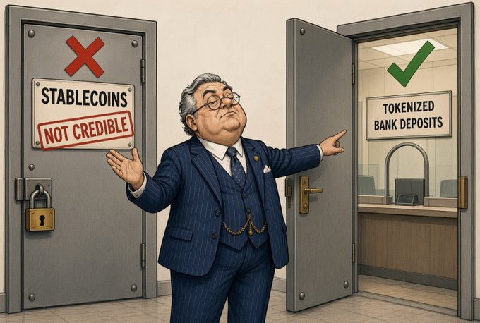 A cartoon banker's eyes are shut firmly with one hand raised in refusal toward a locked "STABLECOINS - NOT CREDIBLE" door, while the other hand gestures approvingly toward an open "TOKENIZED BANK DEPOSITS" doorway, visually echoing the BIS head's preference for tokenized bank deposits over stablecoins.