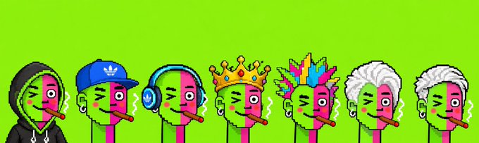 A row of seven cartoon characters with green and pink split faces, all smoking cigars and wearing different accessories.