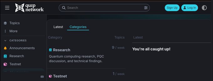 The image shows the Quip Network forum's Categories page, displaying tabs for "Latest" and "Categories" with sections including Research (9/week) and Testnet (1/week), along with a "You're all caught up!" message. The post highlights Quip Network's new Research Hub, which aligns with the visible Research category focused on quantum computing research, PQC discussion, and technical findings shown in the screenshot.