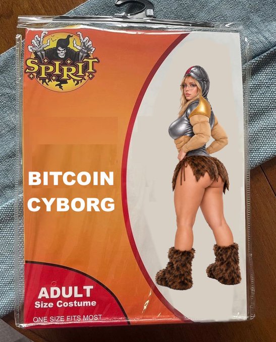 A packaged 'Spirit' Halloween adult costume labeled 'BITCOIN CYBORG' features a model in metallic armor, fur skirt, and furry boots.