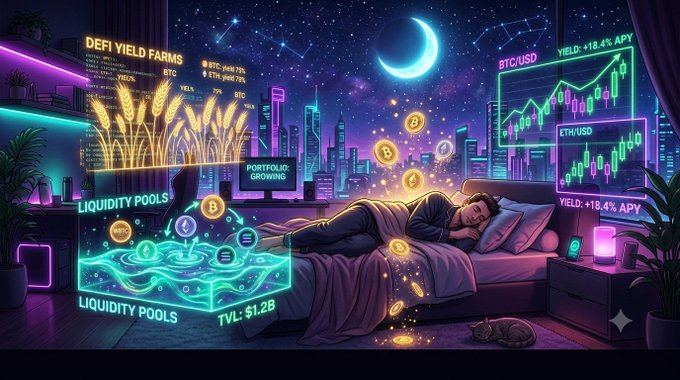 A stylized digital illustration of a person sleeping in a neon-lit bedroom while glowing holographic screens display DeFi yield farms, BTC/USD and ETH/USD charts, liquidity pools, and portfolio growing with TVL: $1.2B.