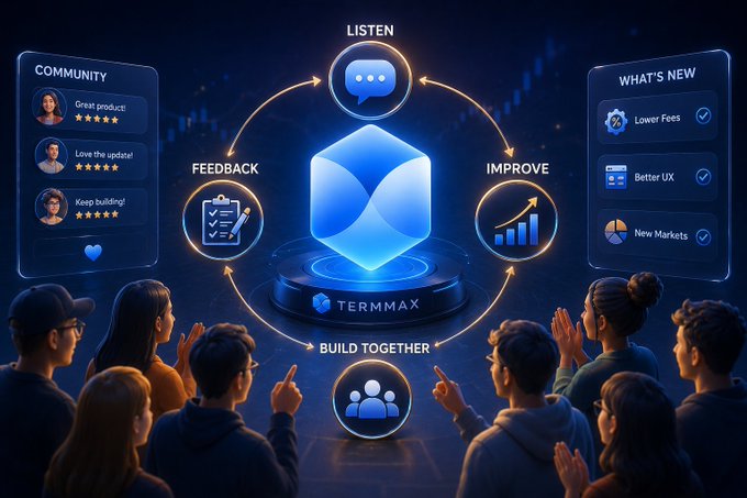 A promotional graphic for 'TERMMAX' showing a circular flow diagram with 'LISTEN', 'FEEDBACK', 'IMPROVE', and 'BUILD TOGETHER' elements, surrounded by illustrated users, with a 'COMMUNITY' testimonials panel and 'WHAT'S NEW' features list.