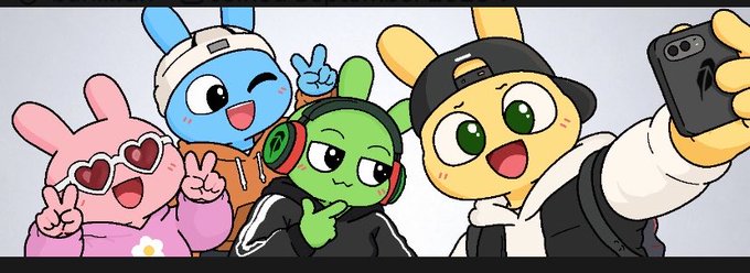Four cartoon-style rabbit or bunny characters, wearing streetwear and accessories like headphones and sunglasses, are taking a selfie together with a smartphone.