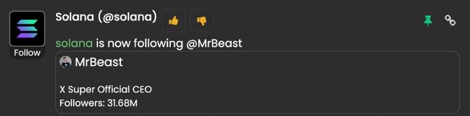 A notification from Solana (@solana) on Twitter shows that the official Solana account has started following MrBeast, whose profile lists him as "X Super Official CEO" with 31.68M followers. This follows the official announcement of a MrBeast meme token presale.