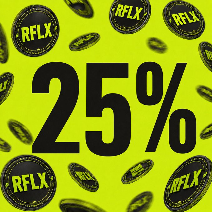 A promotional graphic with a bright yellow background displaying large black text '25%' surrounded by coins branded 'RFLX - Built on Robinhood Chain'.
