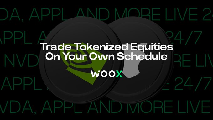 The image features a promotional graphic for WOO X with the text "Trade Tokenized Equities On Your Own Schedule" overlaid on overlapping NVIDIA and Apple logos. Behind the logos, ticker symbols like "NVDA" and "APPL" and text reading "24/7" appear in green, reinforcing the post's message about trading tokenized shares of $AAPL and $NVDA around the clock through the crypto liquidity of WOO X Pro.