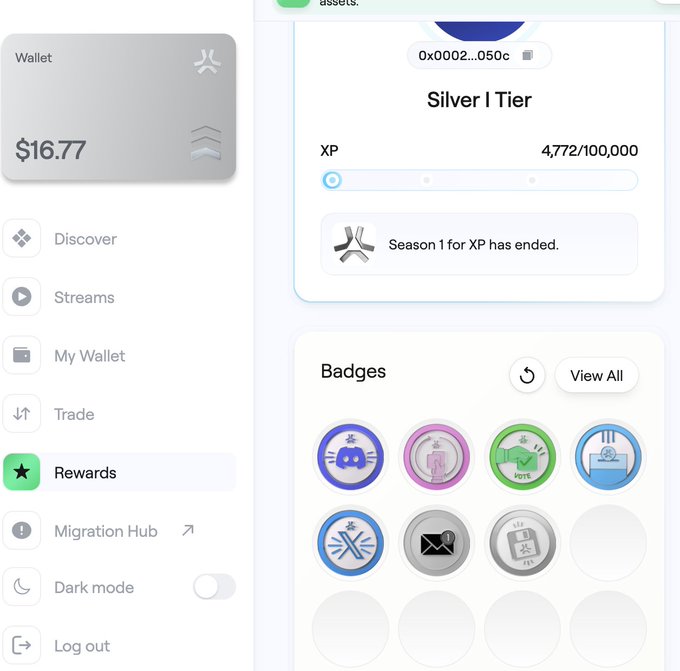 A screenshot of a digital wallet interface showing a balance of $16.77, a 'Silver I Tier' with 4,772/100,000 XP, and a 'Rewards' section displaying several icons and badges.