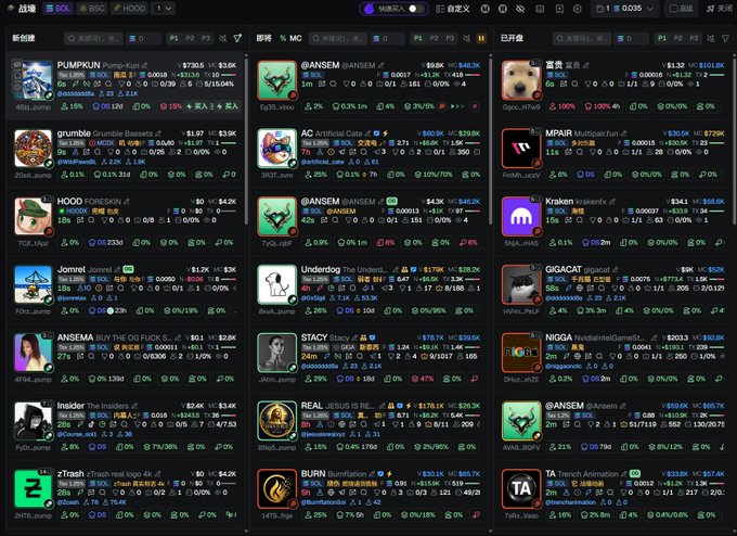A dark-themed cryptocurrency or memecoin tracking dashboard in Chinese, displaying various tokens like PUMPKUN, @ANSEM, HOOD, AC, MPAIR, Kraken, Jomrel, Underdog, GIGACAT, STACY, NIGA, insider, REAL, zTrash, BURN, and TA, with prices, market caps, and percentage changes.