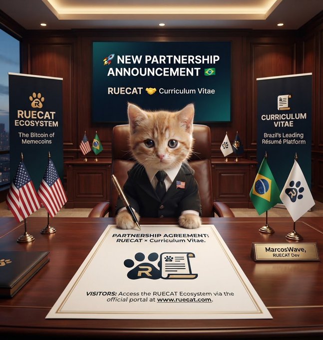 AI-generated image announcing a new partnership between 'RUECAT' and 'Curriculum Vitae', featuring a cat in a suit sitting at a desk with flags and text 'RUECAT ECOSYSTEM' and 'CURRICULUM VITAE'.