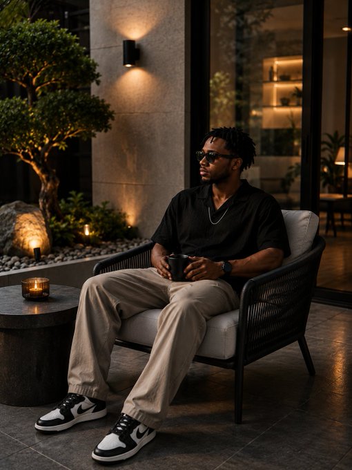 A man wearing sunglasses, a black shirt, beige pants, and Nike sneakers sits in a modern outdoor lounge chair at night holding a mug, with ambient lighting and plants in the background.