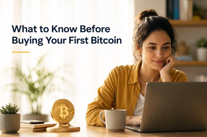 A woman sits at a desk with a laptop and coffee mug, smiling thoughtfully next to a decorative Bitcoin coin, beneath the headline "What to Know Before Buying Your First Bitcoin." The image complements the post's message by visually capturing the calm, curious mindset of someone researching their first crypto purchase, reinforcing the idea that learning about Bitcoin can feel approachable rather than overwhelming.